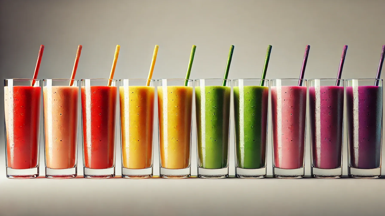 An assortment of ten delicious-looking smoothies in glasses arranged by color