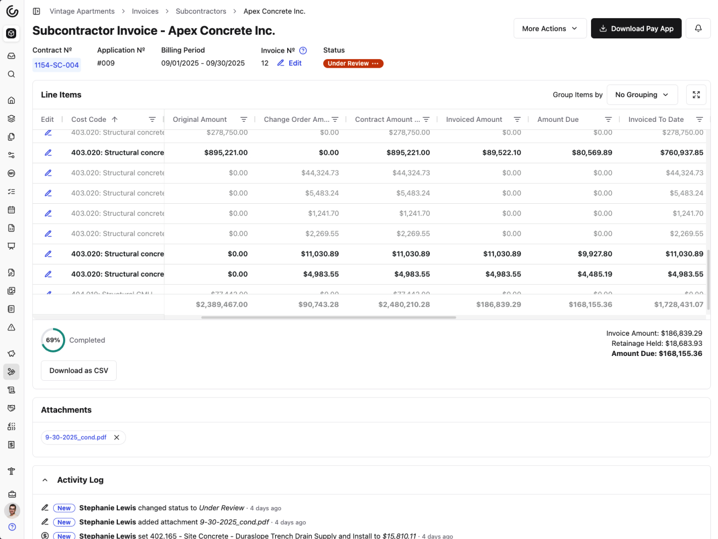 A screenshot of Constructable's invoicing feature, showing an invoice for the September billing period from a concrete subcontractor. All of the invoice details, including the invoice number, amount, due date, status, and the invoice date are clearly shown. The screenshot shows a table view of the relevant line items being billed against (shown in bold text for easy visibility among many other line items not currently being billed against), with their original amount, invoiced amount, amount due, and amount invoiced to date. The total invoice amount, retainage held, and the current amount due are shown at the bottom of the table, along with the overall commitment progress percentage. The user has uploaded a PDF attachment of the original vendor invoice for reference, and an activity log section shows the record of all of the actions that have been taken on the invoice, such as the invoice being created, approved, and paid.