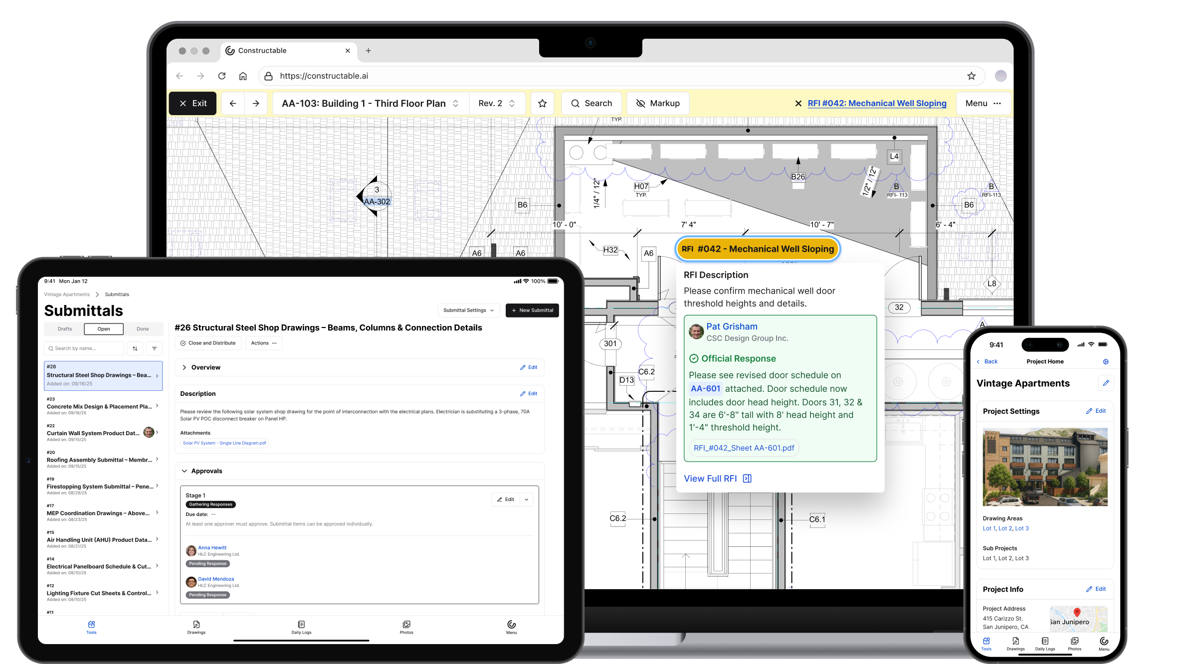 An image showing Constructable's project management features running on a latop, tablet, and smartphone—each one showing a different project management feature. The laptop is showing an RFI pinned to a drawing sheet, the tablet is showing the Submittals feature, and the smartphone is showing the Project Homepage. Each screen is simple, clear and easy to read regardless of device, highlighting the fact that Constructable is a versatile tool ready for use on any device that project managers prefer, whether they are in the field or in the office.