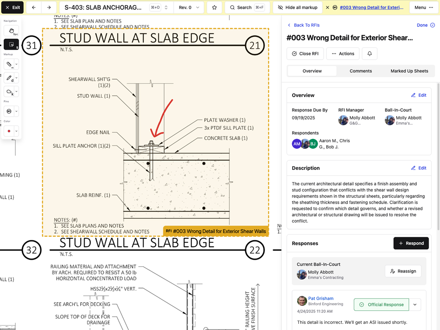 A screenshot of Constructable's drawing viewer in RFI mode, showing a drawing sheet with an area selected and labeled as related to a specific RFI. The full RFI content is shown in a sheet overlay on the right side of the screenshot, which includes the name, description, and respondents. An official response is shown with its name, response, and the date it was submitted. There is also some markup associated with the specific RFI and users can quickly navigate between other marked-up sheets or RFI comments, all of which are pinned directly on the drawing sheet for easy reference and discussion.