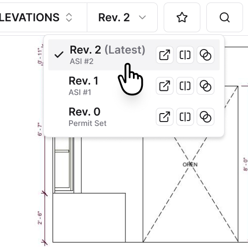 A screenshot of Constructable's drawing viewer feature, showing close-up detail of the revision dropdown menu that allows users to switch between different versions of the current drawing sheet. The most recent revision is clearly labeled as such, and a checkmark indicates that it is the currently active revision by default. It's very easy for users to switch between revisions when needed, and revisions are always clearly labeled with their revision number and the drawing set it originated from in the dropdown menu. When a user is viewing a previous revision, a persistent alert is shown to remind users that they are viewing a out-of-date version of the drawingsheet so that they don't accidently make mistakes by working from an outdated old revision.